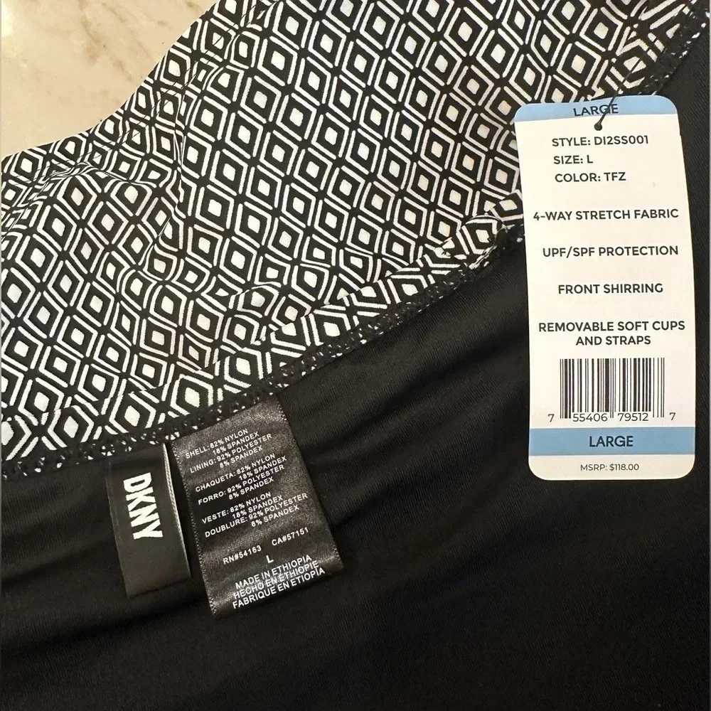 NWT DKNY One Piece Swim Suit Black and White Geometric Print Women’s size L - Picture 4 of 10